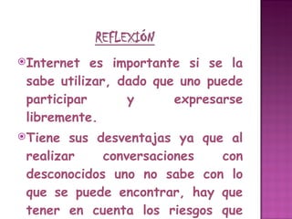 Internet es importante si se la sabe utilizar, dado que uno puede participar y expresarse libremente. Tiene sus desventajas ya que al realizar conversaciones con desconocidos uno no sabe con lo que se puede encontrar, hay que tener en cuenta los riesgos que se corren y evitar dar información certera de uno. Cuando se utiliza información, esta puede no ser confiable, siempre hay que verificarla para evitar fracasos con la misma. 