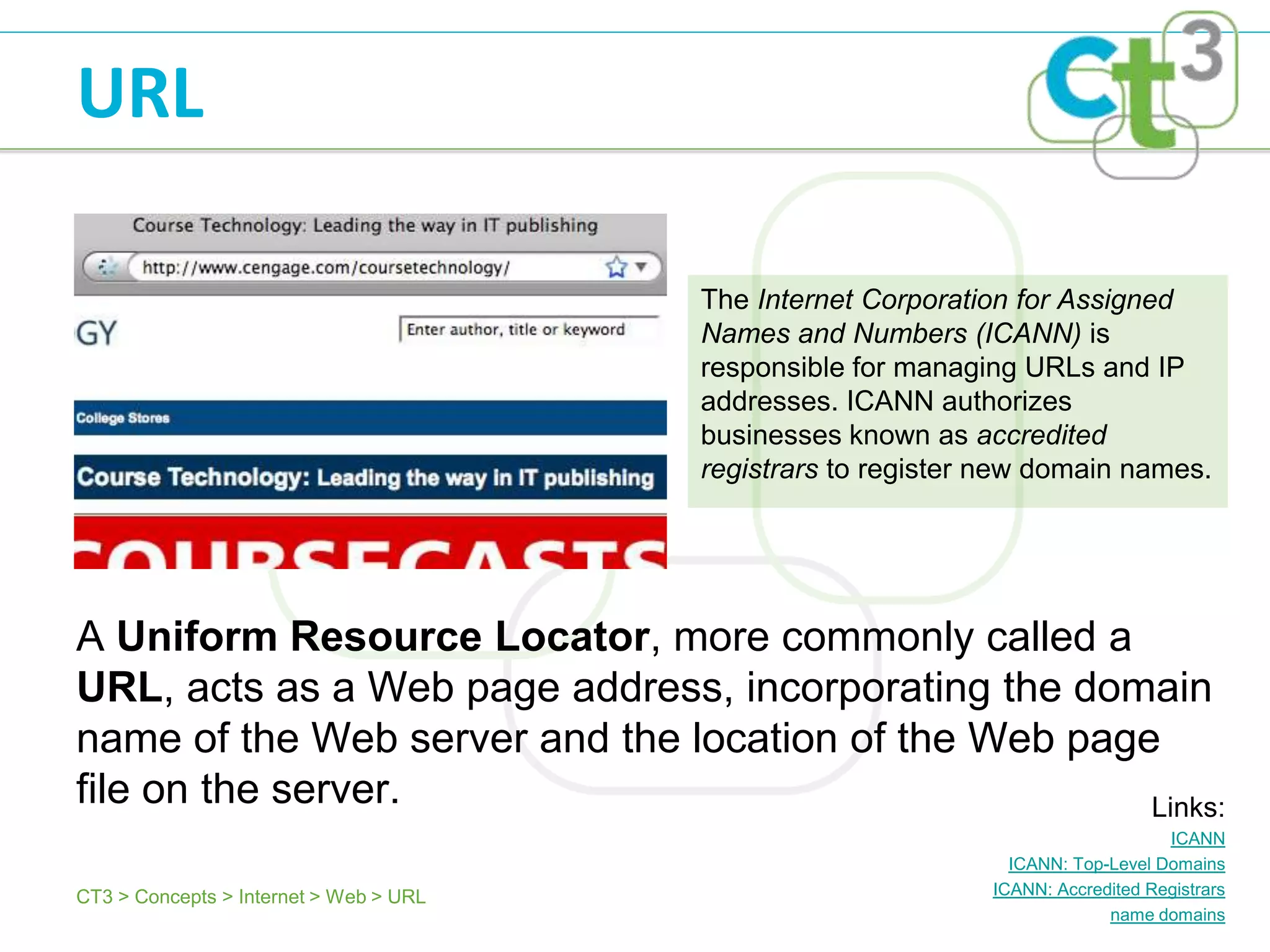 URL

                                        The Internet Corporation for Assigned
                                        Names and Numbers (ICANN) is
                                        responsible for managing URLs and IP
                                        addresses. ICANN authorizes
                                        businesses known as accredited
                                        registrars to register new domain names.




A Uniform Resource Locator, more commonly called a
URL, acts as a Web page address, incorporating the domain
name of the Web server and the location of the Web page
file on the server.                                    Links:
                                                                                  ICANN
                                                                ICANN: Top-Level Domains
CT3 > Concepts > Internet > Web > URL                         ICANN: Accredited Registrars
                                                                           name domains
 