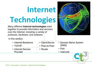 Internet
     Technologies
  Many different Internet technologies work
  together to provide information and services
  over the Internet, including a variety of
  protocols, hardware, and software.
   In this section:
        • Internet Backbone              • Client/Server   • Domain Name System
        • TCP/IP                         • Peer-to-Peer      (DNS)
        • Internet Service               • Router          • Port
          Provider                                         • Internet2




CT3 > Concepts > Internet > Internet Technologies
 