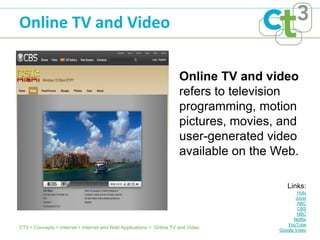 Online TV and Video

                                                                      Online TV and video
                                                                      refers to television
                                                                      programming, motion
                                                                      pictures, movies, and
                                                                      user-generated video
                                                                      available on the Web.

                                                                                          Links:
                                                                                               Hulu
                                                                                              Joost
                                                                                               ABC
                                                                                               CBS
                                                                                               NBC
                                                                                             Netflix
                                                                                          YouTube
CT3 > Concepts > Internet > Internet and Web Applications > Online TV and Video        Google Video
 