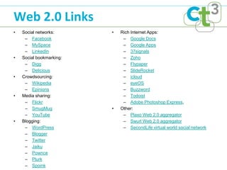 Web 2.0 Links
•   Social networks:      •   Rich Internet Apps:
     – Facebook                – Google Docs
     – MySpace                 – Google Apps
     – LinkedIn                – 37signals
•   Social bookmarking:        – Zoho
     – Digg                    – Flypaper
     – Delicious               – SlideRocket
•   Crowdsourcing:             – icloud
     – Wikipedia               – eyeOS
     – Epinions                – Buzzword
•   Media sharing:             – Todoist
     – Flickr                  – Adobe Photoshop Express,
     – SmugMug            •   Other:
     – YouTube                 – Plaxo Web 2.0 aggregator
•   Blogging:                  – Swurl Web 2.0 aggregator
     – WordPress               – SecondLife virtual world social network
     – Blogger
     – Twitter
     – Jaiku
     – Pownce
     – Plurk
     – Spoink
 