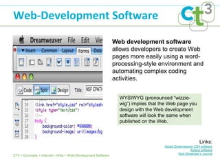 Web-Development Software

                                                             Web development software
                                                             allows developers to create Web
                                                             pages more easily using a word-
                                                             processing-style environment and
                                                             automating complex coding
                                                             activities.


                                                               WYSIWYG (pronounced ―wizzie-
                                                               wig‖) implies that the Web page you
                                                               design with the Web development
                                                               software will look the same when
                                                               published on the Web.



                                                                                                          Links:
                                                                                   Adobe Dreamweaver CS4 software
                                                                                                   Aptana software
                                                                                            Web Developer’s Journal
CT3 > Concepts > Internet > Web > Web-Development Software
 
