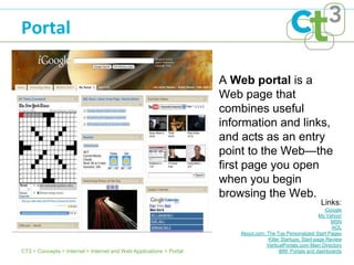 Portal

                                                                     A Web portal is a
                                                                     Web page that
                                                                     combines useful
                                                                     information and links,
                                                                     and acts as an entry
                                                                     point to the Web—the
                                                                     first page you open
                                                                     when you begin
                                                                     browsing the Web.
                                                                                                             Links:
                                                                                                                iGoogle
                                                                                                              My Yahoo!
                                                                                                                   MSN
                                                                                                                   AOL
                                                                         About.com: The Top Personalized Start Pages
                                                                                     Killer Startups: Start-page Review
                                                                                    VerticalPortals.com Main Directory
CT3 > Concepts > Internet > Internet and Web Applications > Portal                         IBM: Portals and dashboards
 