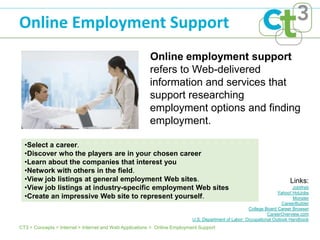 Online Employment Support
                                                        Online employment support
                                                        refers to Web-delivered
                                                        information and services that
                                                        support researching
                                                        employment options and finding
                                                        employment.

  •Select a career.
  •Discover who the players are in your chosen career
  •Learn about the companies that interest you
  •Network with others in the field.
  •View job listings at general employment Web sites.                                                                     Links:
  •View job listings at industry-specific employment Web sites                                                              JobWeb
                                                                                                                    Yahoo! HotJobs
  •Create an impressive Web site to represent yourself.                                                                     Monster
                                                                                                                       CareerBuilder
                                                                                                      College Board Career Browser
                                                                                                               CareerOverview.com
                                                                           U.S. Department of Labor: Occupational Outlook Handbook
CT3 > Concepts > Internet > Internet and Web Applications > Online Employment Support
 