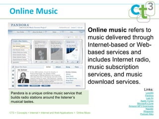Online Music

                                                                     Online music refers to
                                                                     music delivered through
                                                                     Internet-based or Web-
                                                                     based services and
                                                                     includes Internet radio,
                                                                     music subscription
                                                                     services, and music
                                                                     download services.
                                                                                                 Links:
 Pandora is a unique online music service that                                                    Live365
                                                                                                 Pandora
 builds radio stations around the listener’s                                                       Last.fm
                                                                                             Apple iTunes
 musical tastes.                                                                          Microsoft’s Zune
                                                                                   Amazon MP3 Downloads
                                                                                                  Napster
                                                                                                Rhapsody
CT3 > Concepts > Internet > Internet and Web Applications > Online Music                     Podcast Alley
 