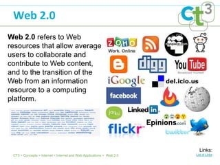 Web 2.0
Web 2.0 refers to Web
resources that allow average
users to collaborate and
contribute to Web content,
and to the transition of the
Web from an information
resource to a computing
platform.




                                                                         Links:
 CT3 > Concepts > Internet > Internet and Web Applications > Web 2.0   List of Links
 