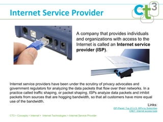 Internet Service Provider

                                                           A company that provides individuals
                                                           and organizations with access to the
                                                           Internet is called an Internet service
                                                           provider (ISP).




Internet service providers have been under the scrutiny of privacy advocates and
government regulators for analyzing the data packets that flow over their networks. In a
practice called traffic shaping, or packet shaping, ISPs analyze data packets and inhibit
packets from sources that are hogging bandwidth, so that all customers have more equal
use of the bandwidth.
                                                                                        Links:
                                                                                ISP-Planet: Top 23 U.S. ISPs by Subscriber
                                                                                               CNET: Internet access tools

CT3 > Concepts > Internet > Internet Technologies > Internet Service Provider
 