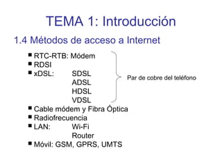 TEMA 1: Introducción
1.4 Métodos de acceso a Internet
RTC-RTB: Módem
RDSI
xDSL: SDSL
ADSL
HDSL
VDSL
Cable módem y Fibra Óptica
Radiofrecuencia
LAN: Wi-Fi
Router
Móvil: GSM, GPRS, UMTS
Par de cobre del teléfono
 