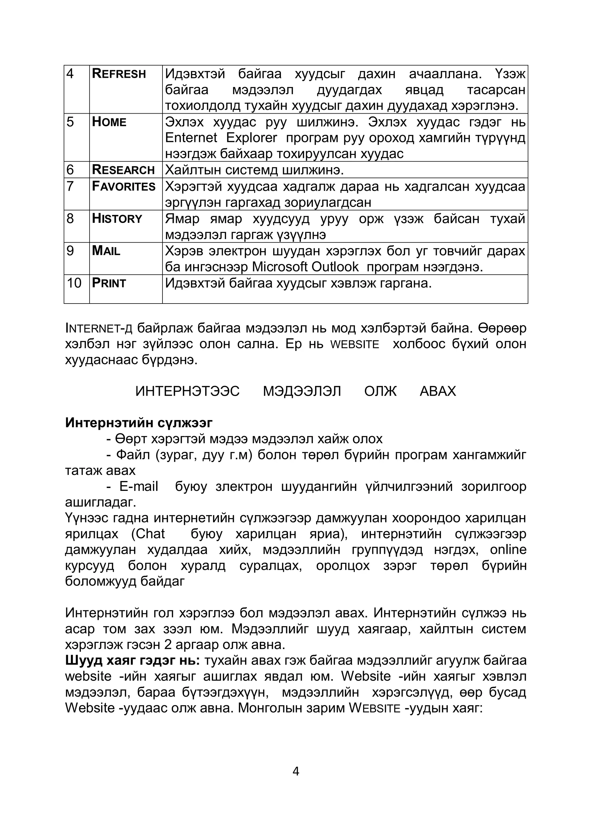 4   REFRESH     Идэвхтэй байгаа хуудсыг дахин ачааллана. Үзэж
                байгаа    мэдээлэл      дуудагдах   явцад    тасарсан
                тохиолдолд тухайн хуудсыг дахин дуудахад хэрэглэнэ.
5   HOME        Эхлэх хуудас руу шилжинэ. Эхлэх хуудас гэдэг нь
                Enternet Explorer програм руу ороход хамгийн түрүүнд
                нээгдэж байхаар тохируулсан хуудас
6   RESEARCH    Хайлтын системд шилжинэ.
7   FAVORITES   Хэрэгтэй хуудсаа хадгалж дараа нь хадгалсан хуудсаа
                эргүүлэн гаргахад зориулагдсан
8   HISTORY     Ямар ямар хуудсууд уруу орж үзэж байсан тухай
                мэдээлэл гаргаж үзүүлнэ
9   MAIL        Хэрэв электрон шуудан хэрэглэх бол уг товчийг дарах
                ба ингэснээр Microsoft Outlook програм нээгдэнэ.
10 PRINT        Идэвхтэй байгаа хуудсыг хэвлэж гаргана.


INTERNET-Д байрлаж байгаа мэдээлэл нь мод хэлбэртэй байна. Өөрөөр
хэлбэл нэг зүйлээс олон сална. Ер нь WEBSITE холбоос бүхий олон
хуудаснаас бүрдэнэ.

           ИНТЕРНЭТЭЭС        МЭДЭЭЛЭЛ       ОЛЖ     АВАХ

Интернэтийн сүлжээг
      - Өөрт хэрэгтэй мэдээ мэдээлэл хайж олох
      - Файл (зураг, дуу г.м) болон төрөл бүрийн програм хангамжийг
татаж авах
      - E-mail буюу злектрон шуудангийн үйлчилгээний зорилгоор
ашигладаг.
Үүнээс гадна интернетийн сүлжээгээр дамжуулан хоорондоо харилцан
ярилцах (Chat      буюу харилцан яриа), интернэтийн сүлжээгээр
дамжуулан худалдаа хийх, мэдээллийн группүүдэд нэгдэх, online
курсууд болон хуралд суралцах, оролцох зэрэг төрөл бүрийн
боломжууд байдаг

Интернэтийн гол хэрэглээ бол мэдээлэл авах. Интернэтийн сүлжээ нь
асар том зах зээл юм. Мэдээллийг шууд хаягаар, хайлтын систем
хэрэглэж гэсэн 2 аргаар олж авна.
Шууд хаяг гэдэг нь: тухайн авах гэж байгаа мэдээллийг агуулж байгаа
website -ийн хаягыг ашиглах явдал юм. Website -ийн хаягыг хэвлэл
мэдээлэл, бараа бүтээгдэхүүн, мэдээллийн хэрэгсэлүүд, өөр бусад
Website -уудаас олж авна. Монголын зарим W EBSITE -уудын хаяг:



                                  4
 