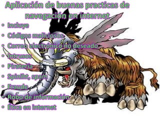 Aplicación de buenas practicas de navegación en internetIncluyeCódigos maliciososCorreo electrónico no deseadoIntrusosPirateríaSpiniht, spam FraudeRobo de informaciónÉtica en internet