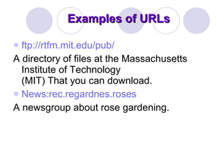 Examples of URLs ftp://rtfm.mit.edu/pub/   A directory of files at the Massachusetts Institute of Technology  (MIT) That you can download.  News:rec.regardnes.roses   A newsgroup about rose gardening.  