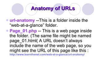Anatomy of URLs url-anatomy  --This is a folder inside the “web-at-a-glance” folder.  Page_01.php   --  This is a web page inside the folder. (The same file might be named page_01.html (  A URL doesn’t always include the name of the web page, so you might see the URL of this page like this :  http://www.learnthenet.com/web-at-a-glance/url-anatomy/   