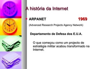A história da Internet ARPANET     1969  (Advanced Research Projects Agency Network) Departamento de Defesa dos E.U.A. O que começou como um projecto de estratégia militar acabou transformado na Internet.  