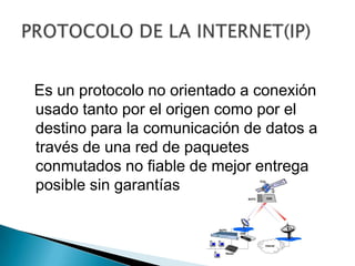   Es un protocolo no orientado a conexión usado tanto por el origen como por el destino para la comunicación de datos a través de una red de paquetes conmutados no fiable de mejor entrega posible sin garantíasPROTOCOLO DE LA INTERNET(IP)