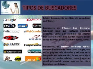 TIPOS DE BUSCADORESExisten básicamente dos tipos de buscadores en Internet:Buscadores de Internet tipo directorio, funcionan igual que cualquier directorio existente. Como por ejemplo, las páginas blancas o amarillas que pueden llegar a existir en los distintos países. Ejemplo: Yahoo, Dmoz.Buscadores en Internet mediante robots, estamos hablando de sitios como Google, una de las páginas más visitadas y exitosas en la búsqueda de información. Es en estos tipos de sitios, en que las palabras claves, juegan un papel primordial, mayor que en los otros buscadores de Internet. 