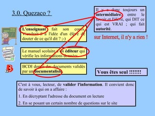 3.0. Quezaco ?  L'enseignant  fait son cours. Viendrait-il à l'idée d'un élève de douter de ce qu'il dit ? ;-) Le manuel scolaire a un  éditeur  qui vérifie les informations données. BCDI donne des documents validés par un  documentaliste . Il y a donc toujours un  intermédiaire , entre le savoir et l'élève, qui DIT ce qui est VRAI ; qui fait  autorité . C'est à vous, lecteur, de  valider l'information . Il convient donc de savoir à qui on a affaire :  1. En décryptant l'adresse du document en lecture 2. En se posant un certain nombre de questions sur le site sur Internet, il n'y a rien ! Vous êtes seul !!!!!!! 