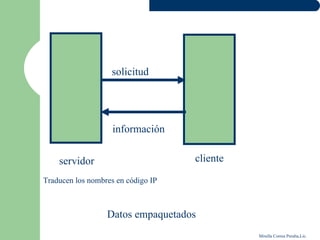 solicitud




                    información


    servidor                        cliente

Traducen los nombres en código IP



                  Datos empaquetados
                                              Mirella Correa Peralta,Lic.
 