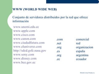 WWW (WORLD WIDE WEB)

Conjunto de servidores distribuidos por la red que ofrece
información
www.unemi.edu.ec
www.apple.com
www.cisco.com
www.canon.com                    .com           comercial
www.ciudadfutura.com             .net           red
www.eluniverso.com               .org           organizacion
http://sdcd.gsfc.nasa.gov        .es            españa
www.sony.com                     .arg           argentina
www.disney.com                   .ec            ecuador
www.bce.gov.ec

                                                   Mirella Correa Peralta,Lic.
 