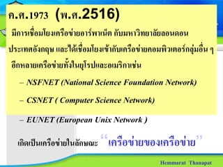 ค.ศ.1973 (พ.ศ.2516)
 มีการเชื่อมโยงเครือขายอารพาเน็ต กับมหาวิทยาลัยลอนดอน
ประเทศอังกฤษ และไดเชื่อมโยงเขากับเครือขายคอมพิวเตอรกลุมอื่น ๆ
 อีกหลายเครือขายทั้งในยุโรปและอเมริกาเชน
   – NSFNET (National Science Foundation Network)
   – CSNET ( Computer Science Network)
   – EUNET (European Unix Network )
   เกิดเปนเครือขายในลักษณะ “เครือขายของเครือขาย”
                                                Hemmarat Thanapat
 