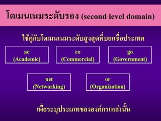 โดเมนเนมระดบรอง (second level domain)
           ั
    ใชคูกับโดเมนเนมระดับสูงสุดที่บอกชื่อประเทศ




         เพื่อระบุประเภทขององคกรเหลานั้น
                                     Hemmarat Thanapat
 