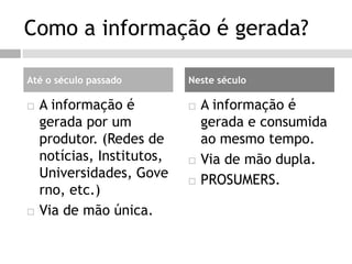Como a informação é gerada?A informação é gerada por um produtor. (Redes de notícias, Institutos, Universidades, Governo, etc.)Via de mão única.A informação é gerada e consumida ao mesmo tempo.Via de mão dupla.PROSUMERS.Até o século passadoNeste século