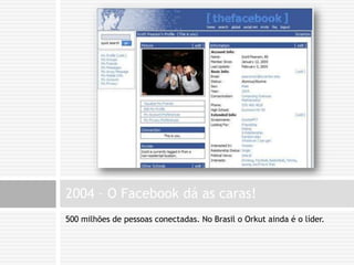 500 milhões de pessoas conectadas. No Brasil o Orkut ainda é o líder.2004 – O Facebook dá as caras!