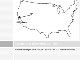 Primeira mensagem seria “LOGIN”. Só o “L” e o “O” foram transmitido.Arpanet em dezembro de 1969