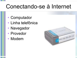 Conectando-se à Internet Computador Linha telefônica Navegador Provedor Modem 
