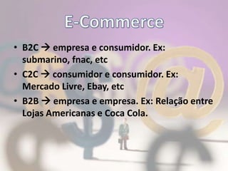 E-CommerceB2C  empresa e consumidor. Ex: submarino, fnac, etcC2C  consumidor e consumidor. Ex: Mercado Livre, Ebay, etcB2B  empresa e empresa. Ex: Relação entre Lojas Americanas e Coca Cola.