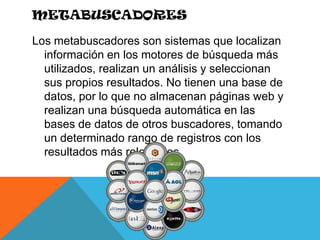 MetabuscadoresLos metabuscadores son sistemas que localizan información en los motores de búsqueda más utilizados, realizan un análisis y seleccionan sus propios resultados. No tienen una base de datos, por lo que no almacenan páginas web y realizan una búsqueda automática en las bases de datos de otros buscadores, tomando un determinado rango de registros con los resultados más relevantes.