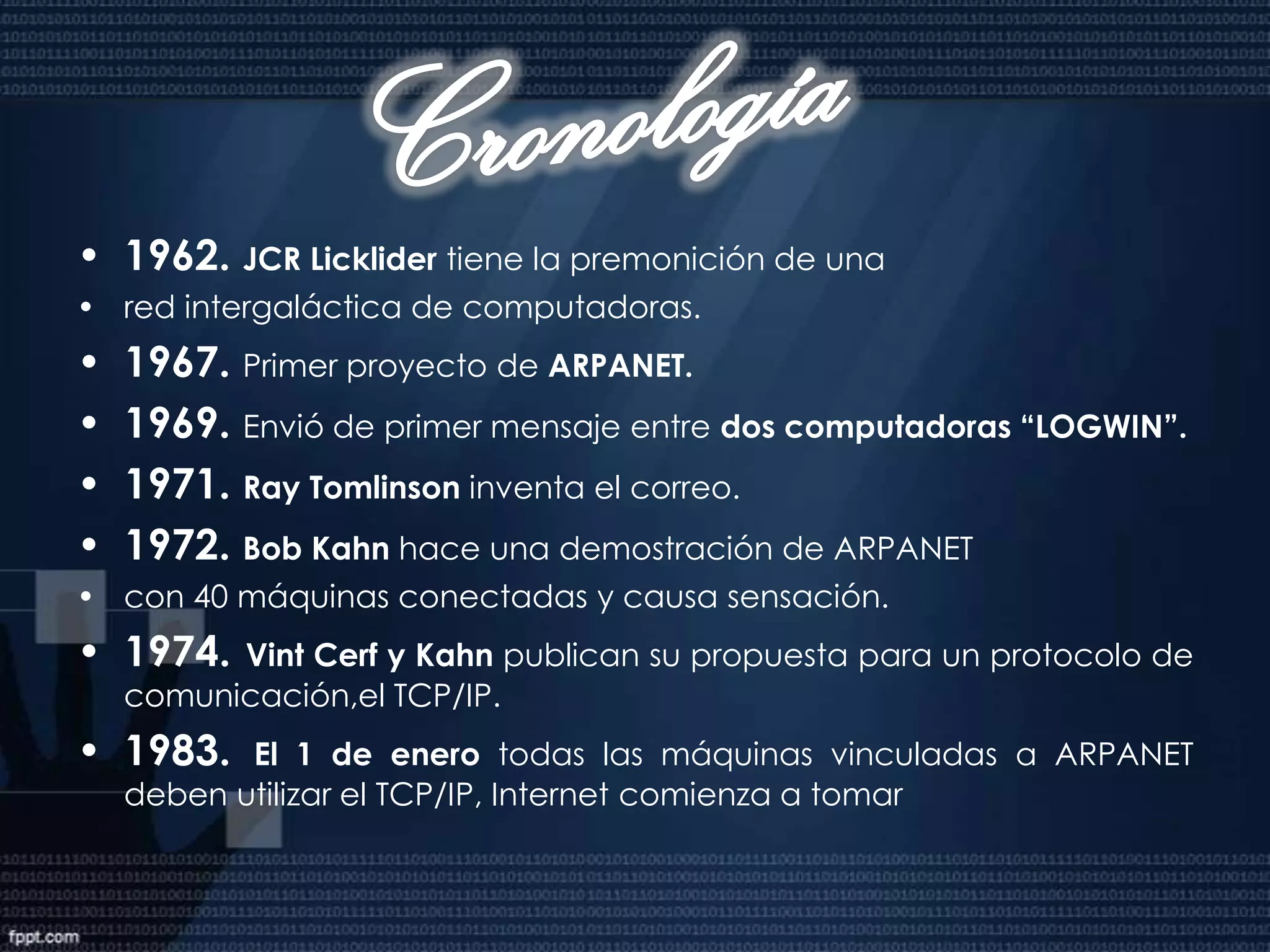 La Fundación Nacional de ciencia de los E U transfirió el E.U. mantenimiento y supervisión de la Internet a fundaciones privadas y corporativas. A l l I iiill de Actualmente, la Internet tiene varios millones d computadoras conectadas a nivel mundial. El desarrollo de otros protocolos y otras tecnologías, como el p g , WorldWide Web, ha contribuido a éste crecimiento.Década de los ‘80