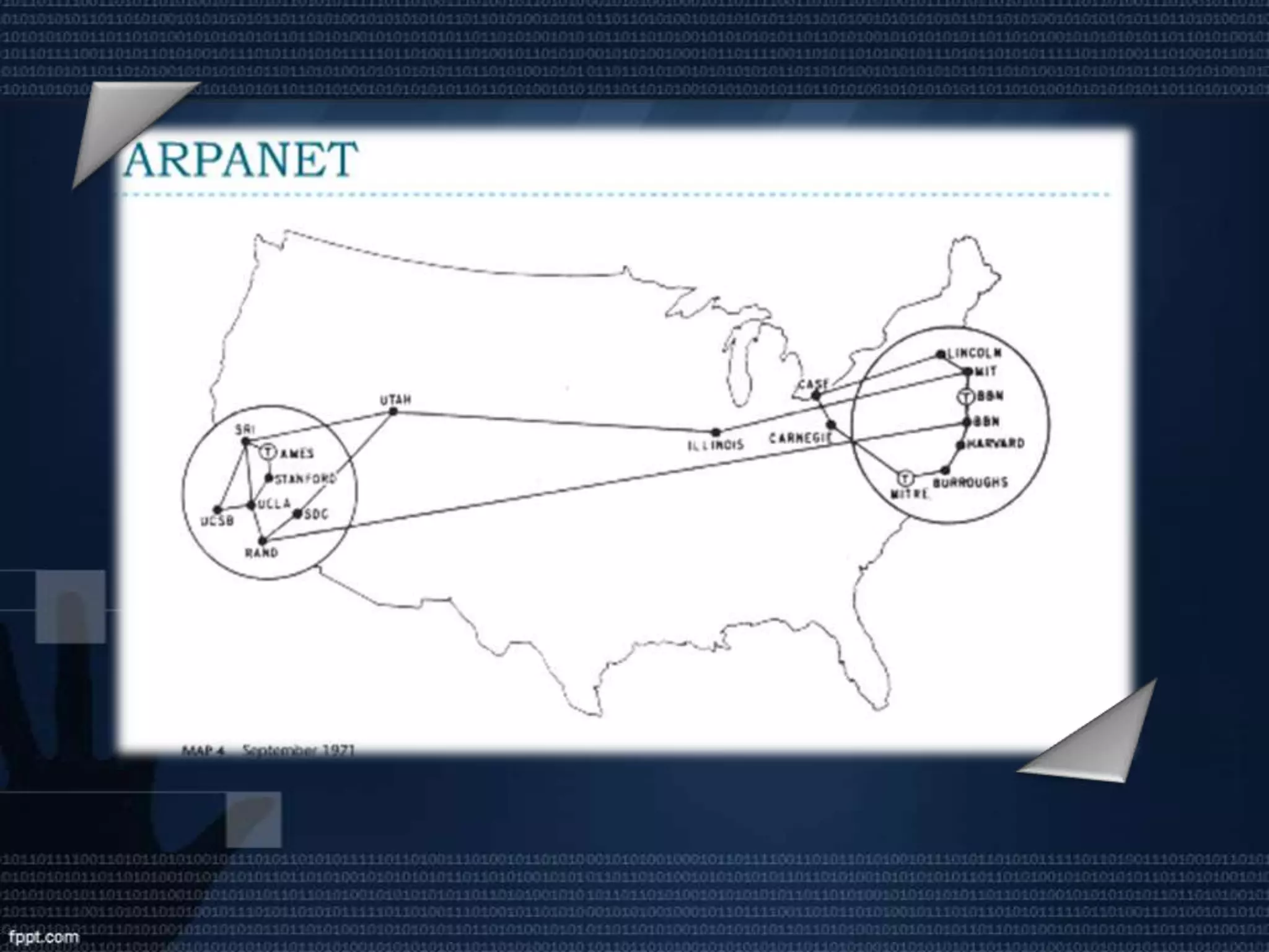 Instituciones educativas y de investigación comenzaron a conectarse a ARPANET para crear una comunidad de redes. A finales de los 70s, TCP/IP comenzó a ser el protocolo oficial usado en Internet.Década de los ‘70