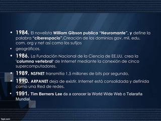 1962. JCR Licklidertiene la premonición de una red intergaláctica de computadoras.1967. Primer proyecto de ARPANET.1969. Envió de primer mensaje entre dos computadoras “LOGWIN”.1971. RayTomlinsoninventa el correo.1972. Bob Kahnhace una demostración de ARPANET con 40 máquinas conectadas y causa sensación.1974. VintCerf y Kahnpublican su propuesta para un protocolo de comunicación,el TCP/IP.1983. El 1 de enero todas las máquinas vinculadas a ARPANET deben utilizar el TCP/IP, Internet comienza a tomarCronología 