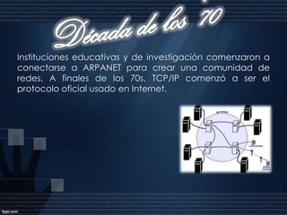 Década de los 60Transmisión Control Protocol y el Internet Protocol (TCP/IP) fueron desarrollados para proveer rápida comunicación entre dos dispositivos de red. La L corporación RAND en conjunto con el Instituto de ió RAND, j lI i d Massachusetts de Tecnología y la Universidad de California en los Ángeles, desarrollaron ésta tecnología para el Departamento de Defensa de los Estados Unidos. En 1969, el Departamento de la Defensa de los Estados Unidos comenzó a usar ARPANET la primera red basada en la ARPANET, tecnología de protocolos. ARPANET inicialmente conectaba cuatro supercomputadoras.
