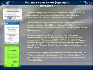 Участие в сетевых конференциях
            2009-2011 г.

1. Сетевая конференция "Использование ИКТ в профессиональной
   деятельности учителя начальных классов» - Доклад «Опыт
   применения ИКТ в начальной школе» 14.12.2009

2. I X региональной научно-практическая конференция «Российская
   школа и Интернет» 8.04.2010 г. - Доклад "ЕК ЦОР в
   информационно-телекоммуникационном сопровождении системы
   образования«

3. Сетевая конференция «Итоги и перспективы реализации
   проекта Интел «Обучение для будущего» в Алтайском крае» -
   История успеха "Программа INTEL® + ОБУЧЕНИЕ = УСПЕХ” Лучшие
   проекты педагогов - участников Программы Интел в Алтайском
   крае. Проект "Теорема Пифагора - основа Евклидовой геометрии»
   январь 2010 г.

4. Всероссийская конференция "Информатизация образования",2011
   "Различные аспекты использования ИКТ на уроке алгебры в 7
   классе Публикация в Педагогическом университетском вестнике
   Алтая № 1 2011 г.
 