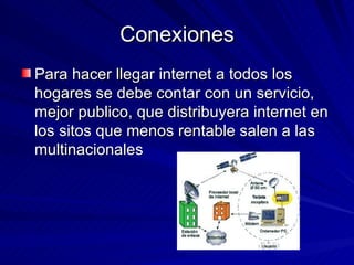 Conexiones Para hacer llegar internet a todos los hogares se debe contar con un servicio, mejor publico, que distribuyera internet en los sitos que menos rentable salen a las multinacionales 