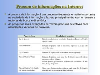Procura de informações na Internet   A procura de informação é um processo frequente e muito importante na sociedade de informação e faz-se, principalmente, com o recurso a motores de busca e directórios.  As pesquisas mais avançadas permitem procuras selectivas com associações variadas de palavras.  