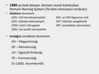 • 1980-as évek közepe: domain nevek kialakulása
  Domain Naming System (Területi elnevezési rendszer)
• általános domainek:
   .GOV: USA kormányhivatalai     .MIL: az USA fegyveres erői
   .EDU: oktatási intézmények     .NET: hálózati szolgáltatók
   .COM: üzleti célú gépek        .INT: nemzetközi szervezetek
   .ORG: non-profit szervezetek

• országra vonatkozó domainek:
   .HU – Magyarország
   .DE – Németország
   .UK – Egyesült Királyság
   .FR – Franciaország
   .EU (2005. decembertől)
 