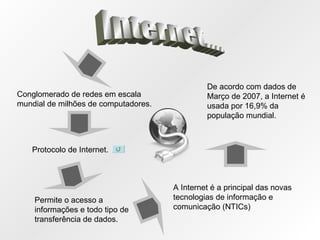 Internet.... Conglomerado de redes em escala mundial de milhões de computadores. Protocolo de Internet. Permite o acesso a informações e todo tipo de transferência de dados.  A Internet é a principal das novas tecnologias de informação e comunicação (NTICs) De acordo com dados de Março de 2007, a Internet é usada por 16,9% da população mundial. 
