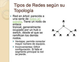 Tipos de Redes según su
    Topología
   Red en árbol: parecida a
    una serie de redes en
    estrella. Tiene un nodo de
    enlace
    troncal, generalmente
    ocupado por un hub o
    switch, desde el que se
    ramifican los demás
    nodos.
     Ventajas: permite conectar
      mayor número de equipos.
     Inconvenientes: Difícil
      configuración. Si falla el
      segmento principal la red
      se pierde.
 