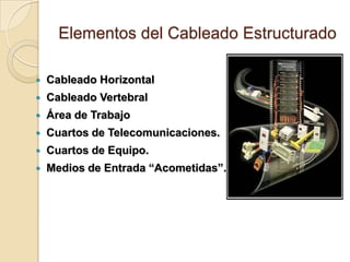 Elementos del Cableado Estructurado

   Cableado Horizontal
   Cableado Vertebral
   Área de Trabajo
   Cuartos de Telecomunicaciones.
   Cuartos de Equipo.
   Medios de Entrada “Acometidas”.
 