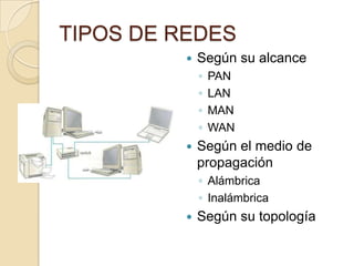 TIPOS DE REDES
             Según su alcance
              ◦   PAN
              ◦   LAN
              ◦   MAN
              ◦   WAN
             Según el medio de
              propagación
              ◦ Alámbrica
              ◦ Inalámbrica
             Según su topología
 