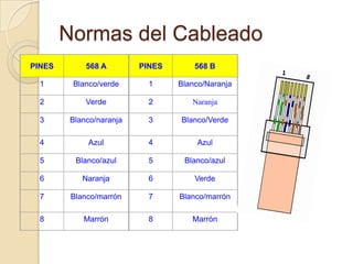 Normas del Cableado
PINES        568 A        PINES       568 B

  1      Blanco/verde       1     Blanco/Naranja

  2          Verde          2        Naranja

  3      Blanco/naranja     3     Blanco/Verde

  4          Azul           4         Azul

  5       Blanco/azul       5      Blanco/azul

  6         Naranja         6         Verde

  7      Blanco/marrón      7     Blanco/marrón

  8         Marrón          8        Marrón
 
