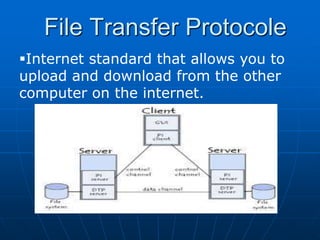 File Transfer Protocole
Internet standard that allows you to
upload and download from the other
computer on the internet.
 