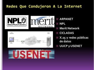  ARPANET
 NPL
 Merit Network
 CICLADAS
 X.25 y redes públicas
  de datos
 UUCP y USENET
 