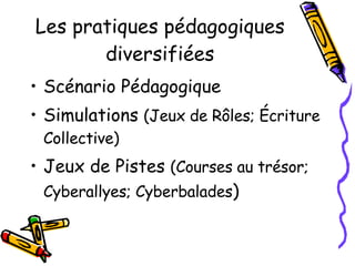 Les pratiques pédagogiques diversifiées Scénario Pédagogique Simulations  (Jeux de Rôles;  Écriture Collective) Jeux de Pistes  (Courses au trésor; Cyberallyes; Cyberbalades ) 