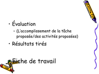 Évaluation  (L’accomplissement de la tâche proposée/des activités proposées) Résultats tirés Fiche de travail 