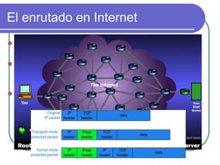 El enrutado en Internet
 Cuando   viaja por internet, la información se
  divide en Paquetes IP
 Estos paquetes IP viajan por la red de un
  ordenador a otro. Este viaje termina cuando el
  paquete IP llega a la dirección IP de su destino
 Este proceso es llamado routing o enrutado
 