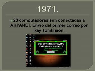  23
   computadoras son conectadas a
ARPANET. Envío del primer correo por
         Ray Tomlinson.
 