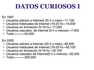 DATOS CURIOSOS I En 1997 Usuarios adictos a Internet( 20 h o mas)---11,100 Usuarios habituales de Internet (10-20 h)---14,500 Usuarios en formación (5-19 h)---17,000 Usuarios casuales  de internet (5 h o menos)---7,400 Total-----------50,000   En 2000 Usuarios adictos a Internet (20 h o más)---82,600 Usuarios habituales de Internet (10-20 h)---65,100 Usuarios en formación (5-19 h)---32,100 Usuarios casuales de Internet(5 h o menos)---20,200 Total-----------200,000 